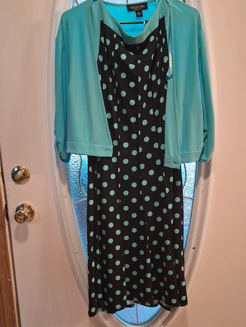 Perceptions Black Dress with Aqua Polka Dots and Aqua Jacket